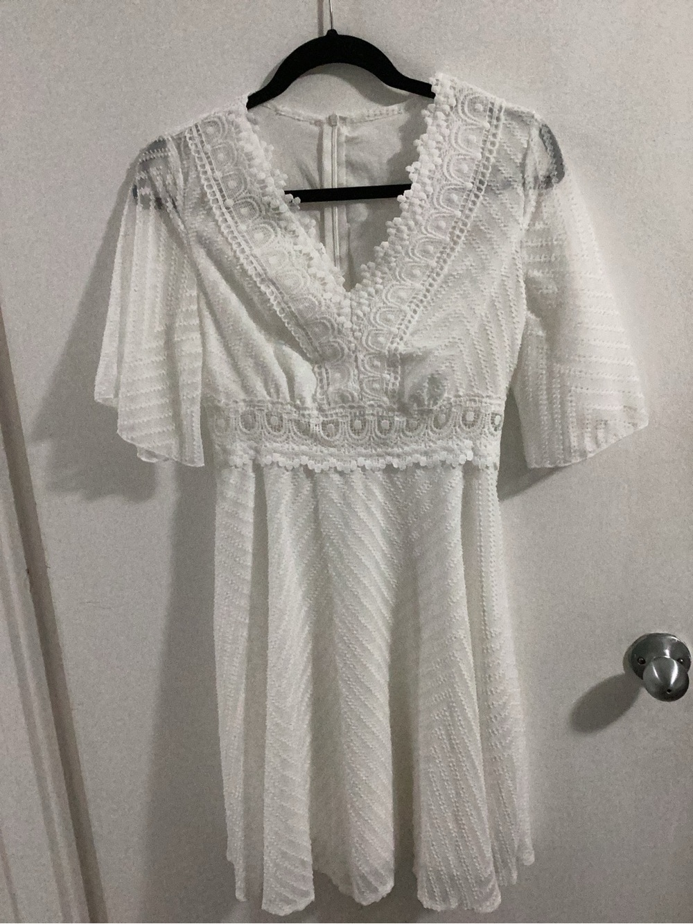 White Lace-Trim Flutter Sleeve Dress
